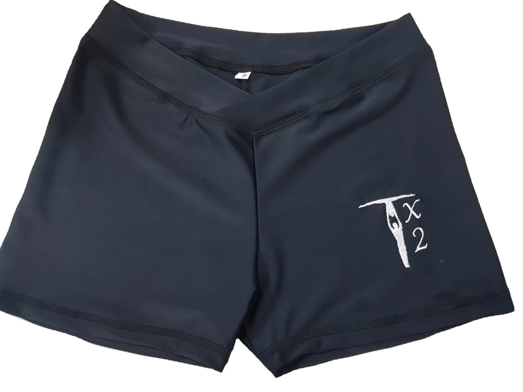 Black lycra shorts with crossover detail in the front